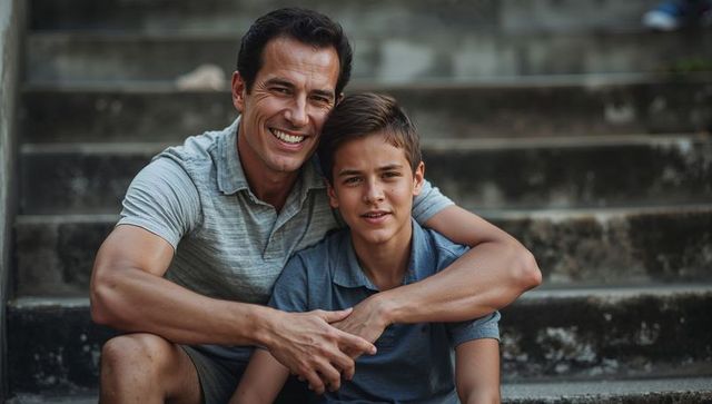 Smiling father hugging teen son on worn concrete steps, outdoor family bonding