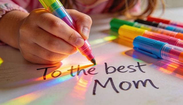 Child writing 'To the best Mom' with colorful markers and prismatic light for Mother's Day card