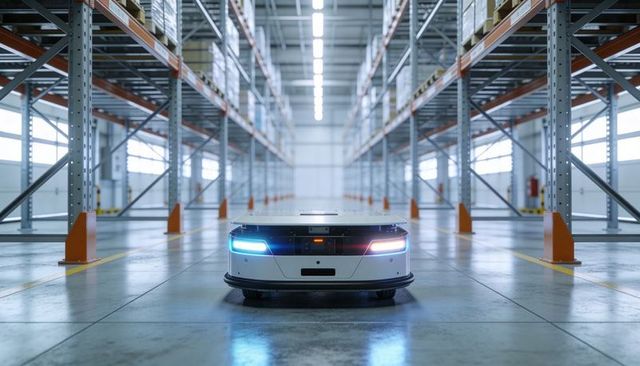 Autonomous mobile robot navigating warehouse aisle between pallet racks with led lights