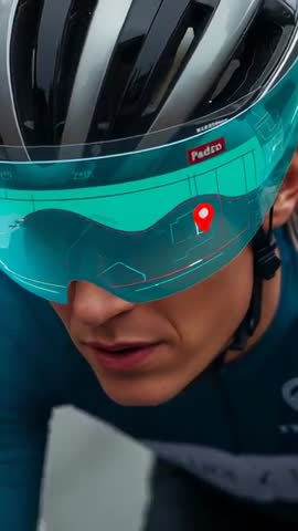 Cyclist riding with augmented reality visor following red navigation pin, helmet close-up