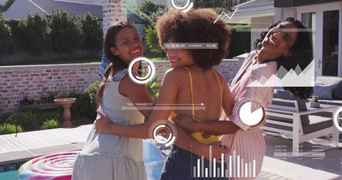 Smiling friends posing at backyard pool with colorful float and digital data overlays