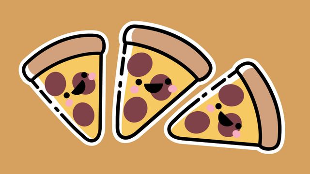 Playful illustration of three pizza slices with happy faces on brown background. The animated characters make this perfect for children's projects, food-related promotional materials, celebration themes, or digital media for World Food Day. The vibrant and cheerful artwork adds a fun and friendly touch to any design.