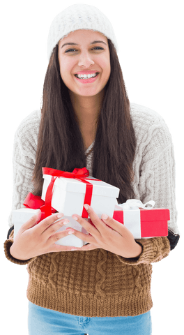 Smiling Woman in Cozy Sweater Holding Gift Boxes on Transparent Background