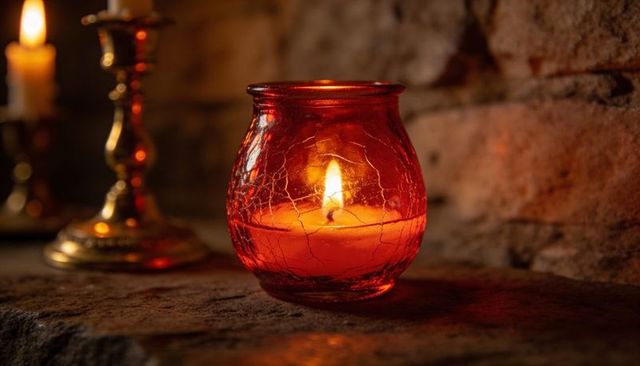 Glowing red crackled glass votive casting warm candlelight on rustic stone ledge