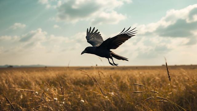 Majestic Crow Gliding Over Golden Grassland