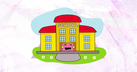 Cartoon School Building with Smiling Face