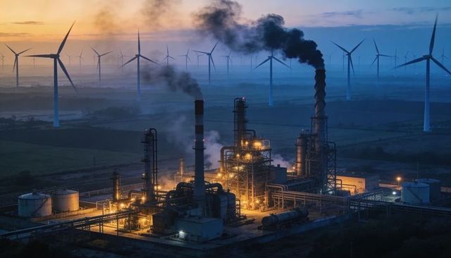 Dusk refinery emitting smoke with wind turbine farm, energy transition tension
