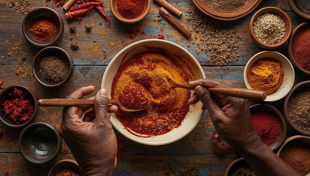 Hands stirring vibrant spice blend in rustic bowl overhead kitchen flatlay with spices