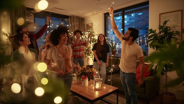 Friends hanging string lights in cozy urban apartment living room celebrating together