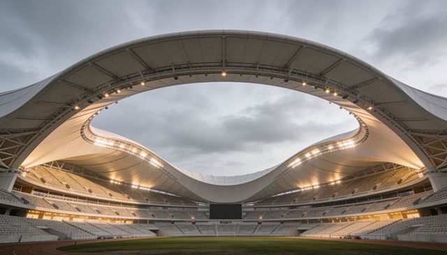 Curved stadium roof framing central bowl, floodlights illuminating pitch and track at dusk