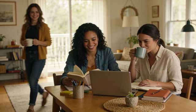 Three Women Collaborating in Cozy Home Workspace with Laptop, Coffee, Notebooks, Daylight