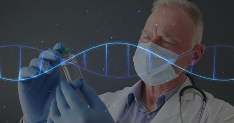 Scientist Analyzing Vial with DNA Strand Overlay in a Lab Setting