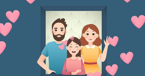 Illustrated happy family with hearts displaying love and unity