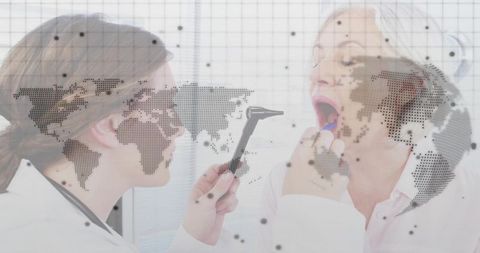 Healthcare professional examining patient with digital overlay for telemedicine