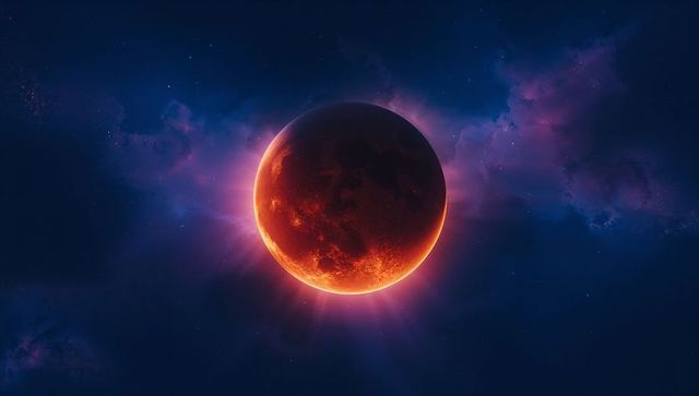 Mysterious Cosmic Spectacle: Red Planet with Neon Halo in Dark Universe