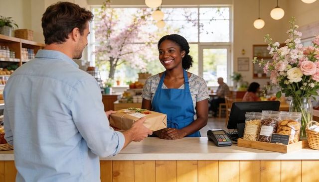 Smiling cashier handing freshly wrapped pastry to customer at bright neighborhood bakery