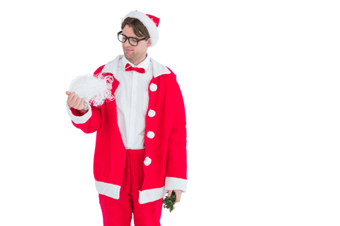 Quirky Man in Transparent Santa Costume Examining Beard