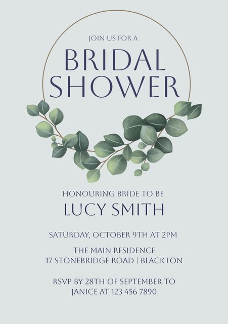This invitation design is perfect for an elegant bridal shower celebration. It features beautifully arranged eucalyptus leaves framing the event details, making it a stylish and sophisticated choice. Ideal for event planners, bride-to-be, and anyone organizing a bridal shower. The design exudes a natural yet refined feel, making it suitable for digital invites or printed cards.