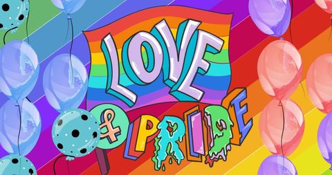 Bold illustrated text of 'Love' and 'Pride' features prominently against a vibrant rainbow patterned background. Decorated with colorful balloons in various pastel shades, this lively design symbolizes celebration and support for pride month. Ideal for advertisement campaigns, social media graphics, event posters, or greeting cards commemorating LGBTQ+ community events.