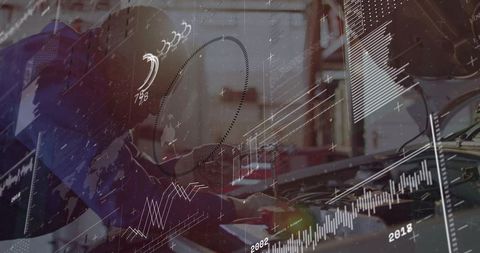 Mechanics Diagnosing Car Engine with Holographic Data Visualizations in Moody Workshop