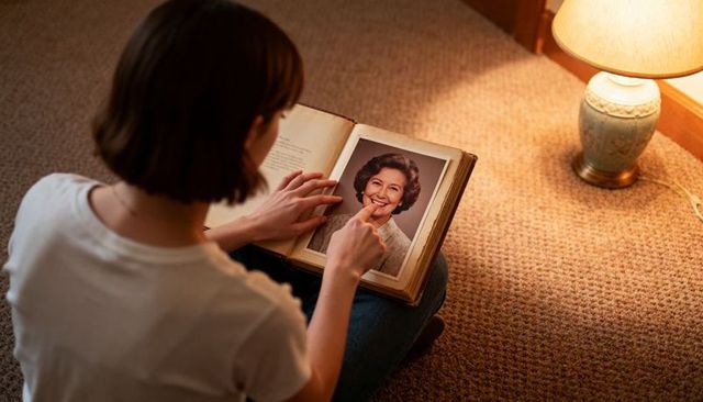 Young woman revisiting grandmother portrait in vintage album by warm lamp light