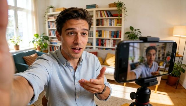 Recording lifestyle vlogger speaking and gesturing in bright living room with bookshelf