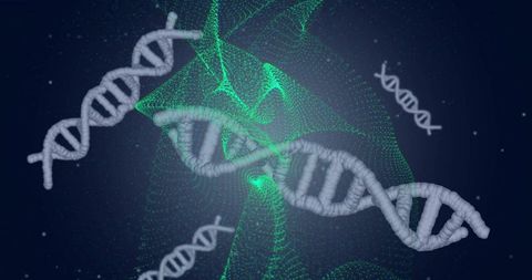 Rotating dna helix with green data mesh and luminous molecular network visualization
