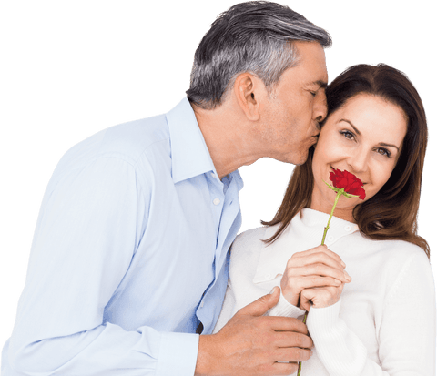 Loving Husband Kissing Wife Holding Red Rose Transparent Background