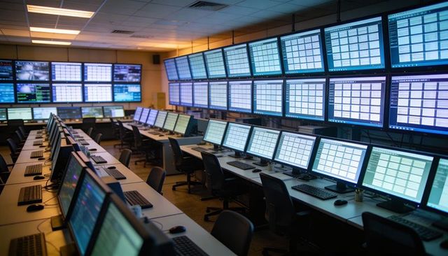 Wide control room with rows of glowing dashboards and wall-mounted display panels