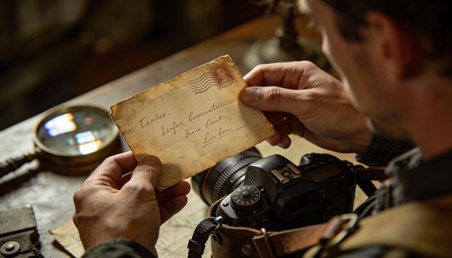 Man inspecting vintage envelope beside dslr camera and magnifier on rustic wooden desk