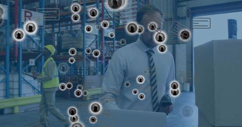 Warehouse Manager Scanning Inventory with Barcode Reader and IoT Network Overlay for Logistics