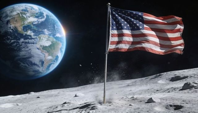 American flag waving on lunar surface with earthrise and stars in dramatic space scene