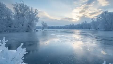 Gliding Along Frozen River at Sunrise Revealing Frosted Trees, Ice Texture and Reflection