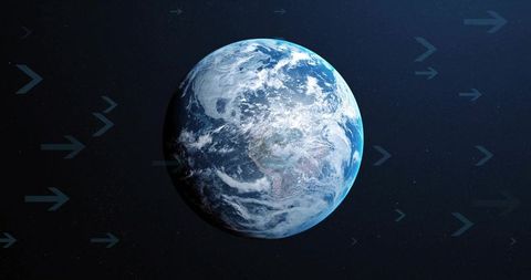 Planet Earth Floating in Space with Digital Overlay Arrows