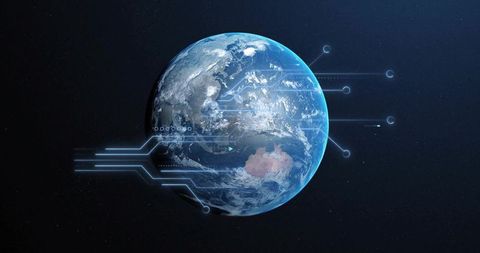 Futuristic digital earth with neon circuit network connecting global data nodes in space