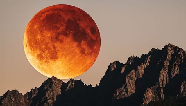 Giant blood moon hovering over jagged mountain peaks at dusk with crater detail