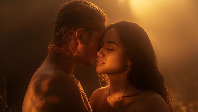 Golden-hour intimate couple forehead touch with warm backlight, romance and tenderness