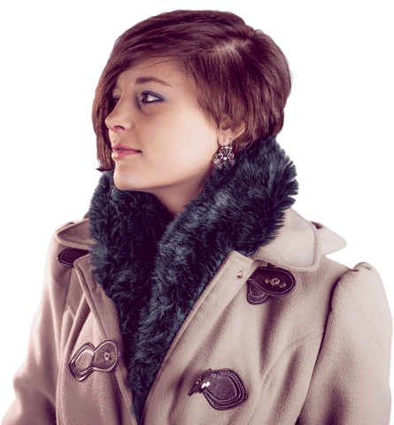 Young woman in winter coat looking thoughtful over transparent background