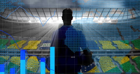 Silhouette of Athlete with Digital Data Overlay in Stadium