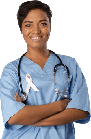 Smiling Nurse Wearing Pink Ribbon Supporting Breast Cancer Awareness