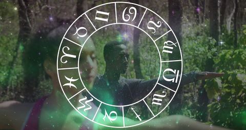 Diverse Friends Practicing Yoga Outdoors Under Cosmic Signs