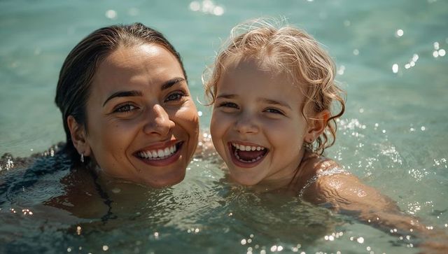 Sunlit mother and daughter laughing in clear turquoise sea, summer family swimming joy