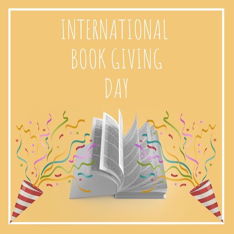 celebrating international book giving day with joyful books and streamers - Download Free Stock Templates Pikwizard.com