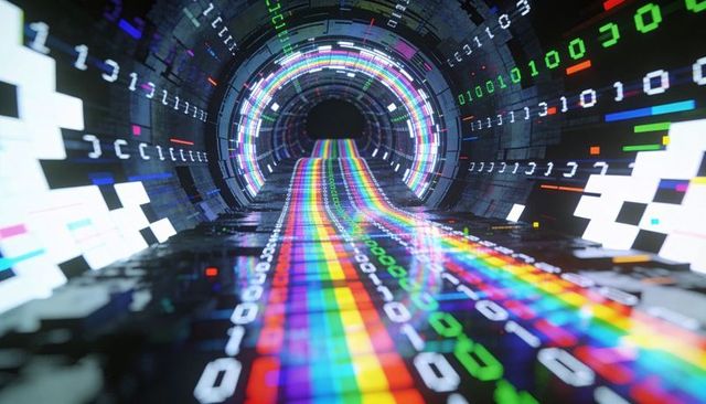 Neon Data Tunnel with Rainbow Binary Stream Racing Toward Futuristic Portal