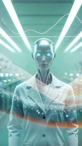 Android Researcher Calibrating Data Waves in Futuristic Lab Corridor Vertical Tech Footage