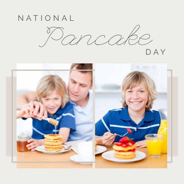 Happy pancake day text and caucasian father and son pouring honey over pancakes on grey background. National pancake day awareness concept