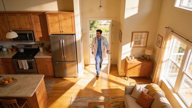 Doctor entering sunlit open-plan home kitchen in lab coat and scrubs during house call