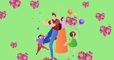 Happy Family Dancing with Balloons and Floral Hearts on Green