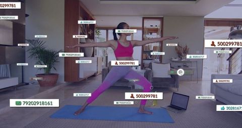 Woman Practicing Yoga at Home with On-screen Data