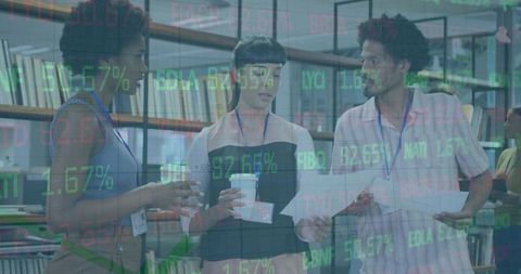 Collaborating team reviewing financial data in modern office with stock ticker overlay